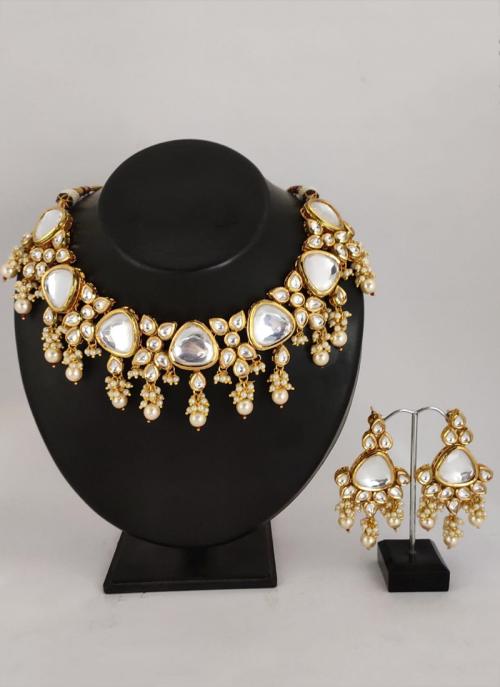 Off White Gold Polish High Kundan And Pearls Wedding Necklace Set